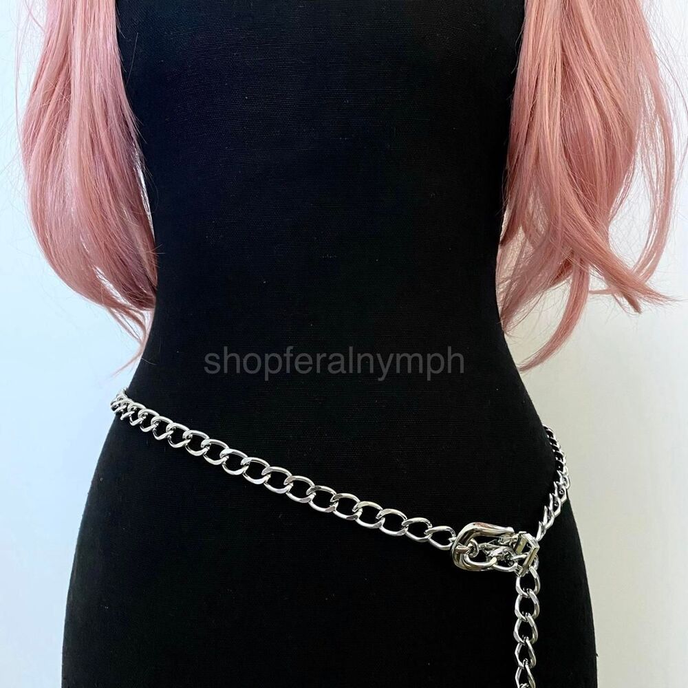 Silver Y2K Plus Size Chain Buckle Waist Belt, Fits Up to 71 Inches, X7GA1410